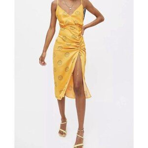 Urban Outfitters Yellow Sun Print Midi Slip Summer Dress Front Slit Sz S Petit